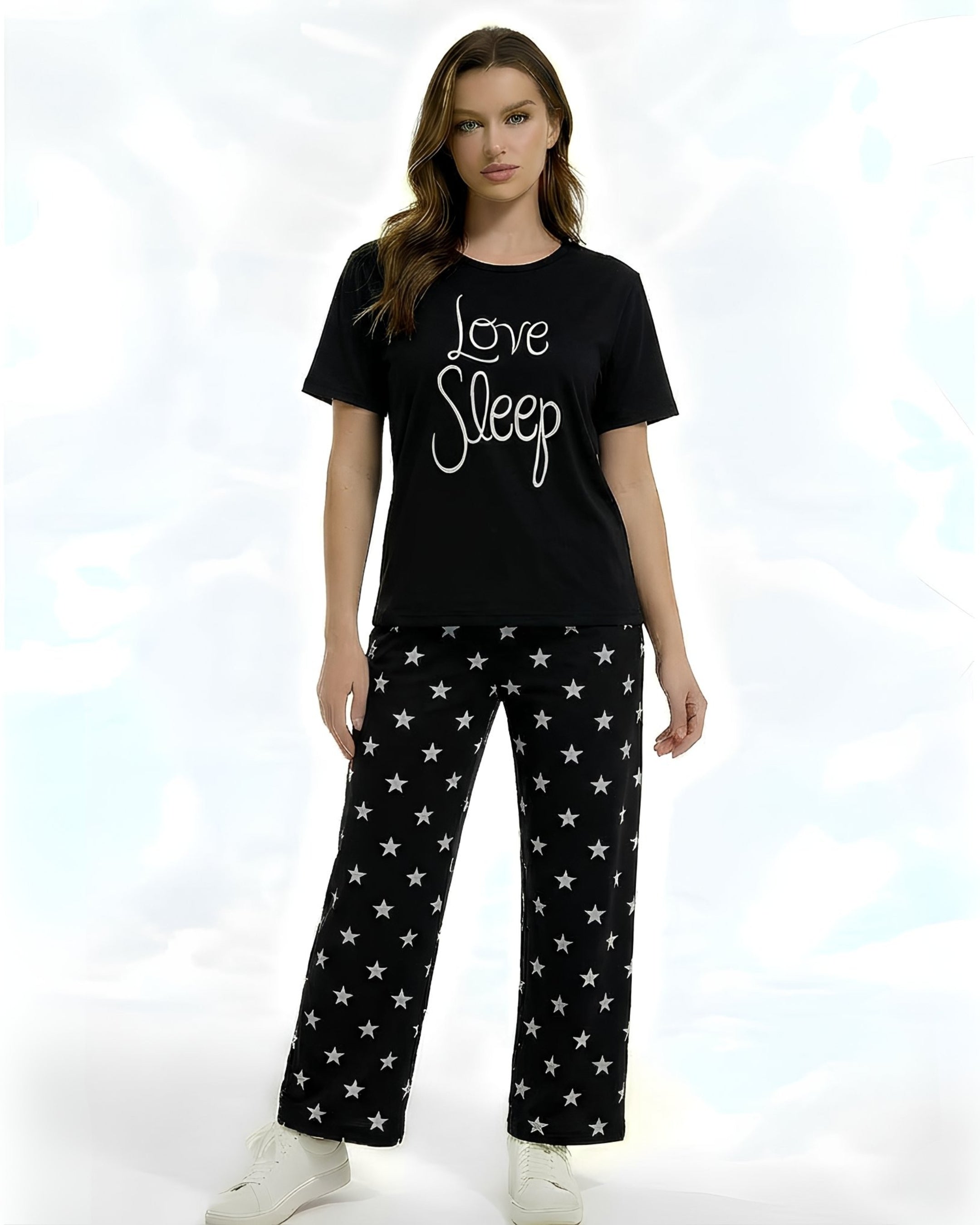 Black Cotton Jersey Printed Night Suit