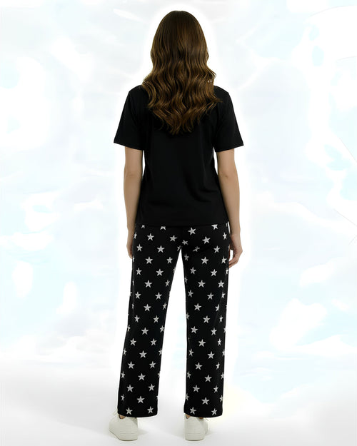 Black Cotton Jersey Printed Night Suit