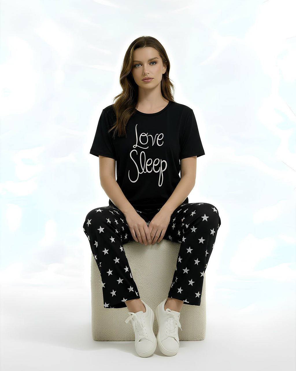 Black Cotton Jersey Printed Night Suit