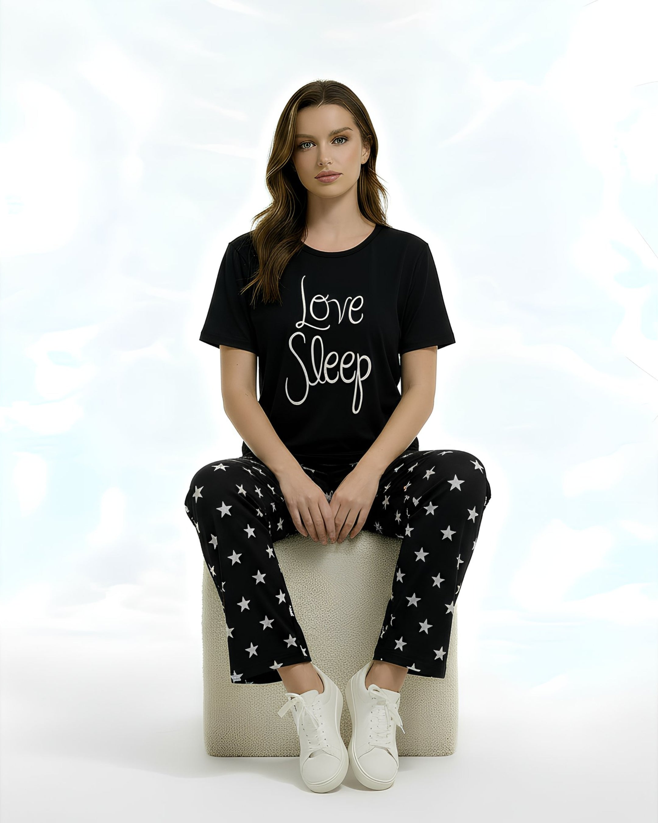 Black Cotton Jersey Printed Night Suit